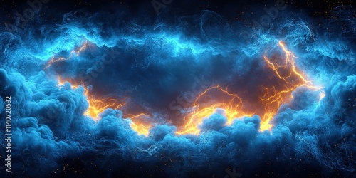 Bright blue and orange lightning illuminates swirling clouds in a dramatic cosmic display at night