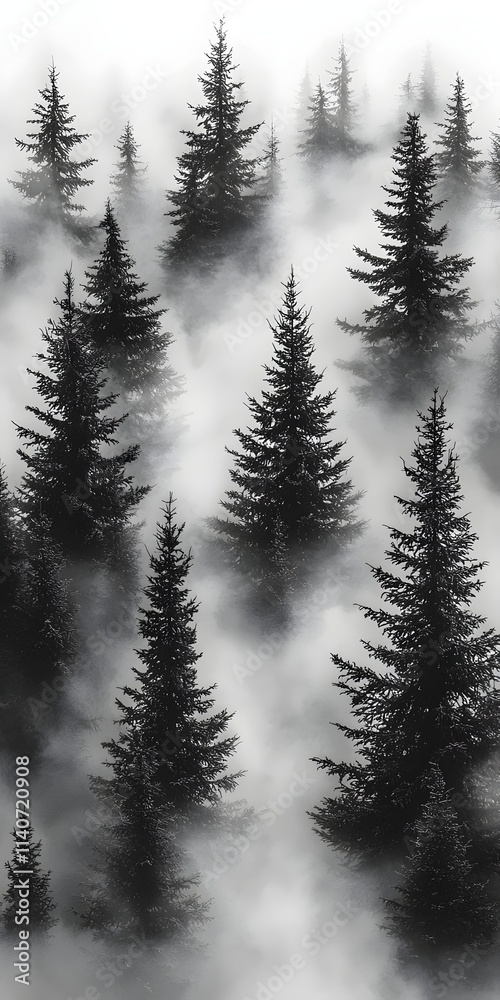 Obraz premium A serene landscape featuring mystical evergreen trees shrouded in thick fog, creating an atmospheric and tranquil scene of nature's beauty.