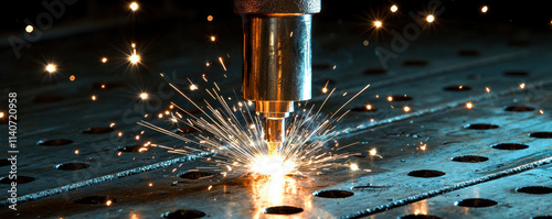 Close up of welding torch emitting bright sparks on metal surface, showcasing intense heat and energy of welding process
