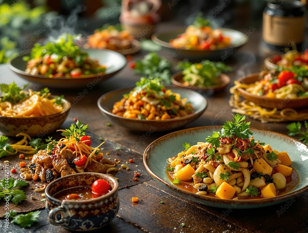 table filled with various dishes, including bowls of soup and plates of food, set on a wooden table. The dishes are arranged in a way that they all seem to be in a different portion, and garnished wi table filled with various dishes, including bowls of soup and plates of food, set on a wooden table. The dishes are arranged in a way that they all seem to be in a different portion, and garnished wi