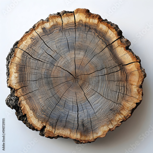 Unique cross-section of a solid wooden stump showcasing intricate details of tree rings and bark textures in natural tones, inviting nature enthusiasts to admire its age and beauty photo