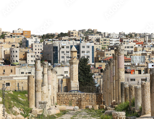 Roman ruins (carved on white background) in the Jordanian city of Jerash (Gerasa of Antiquity), capital and largest city of Jerash Governorate, Jordan #1140721939