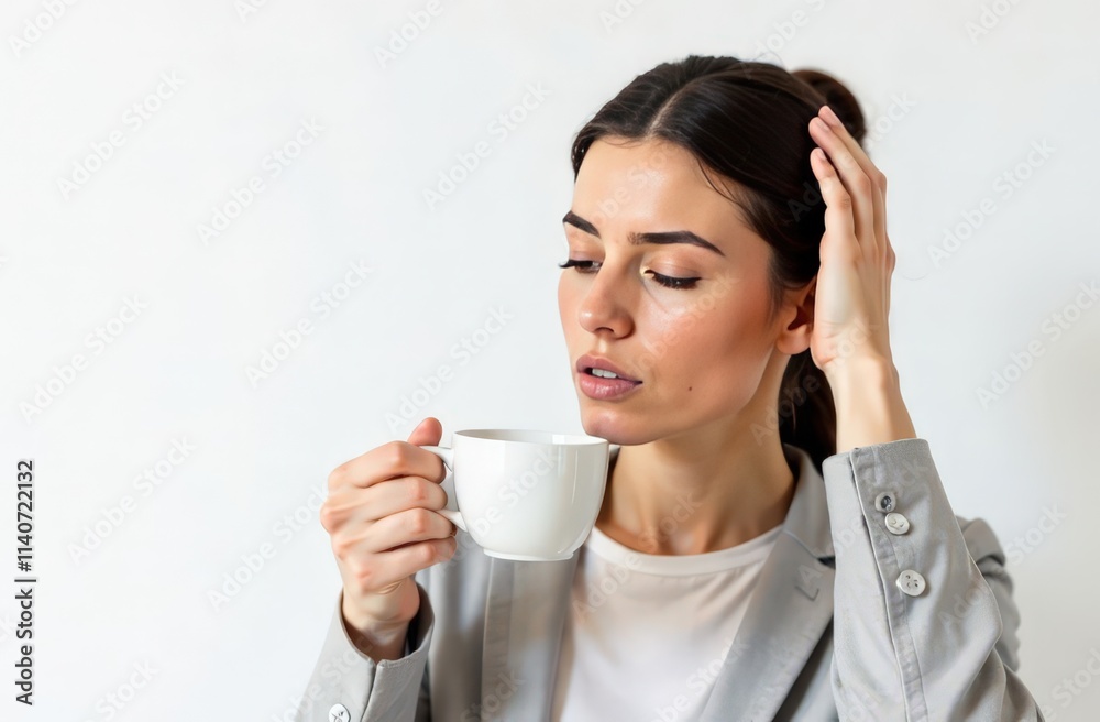 sick woman with headache holding cup of hot tea sick woman with headache holding cup of hot tea