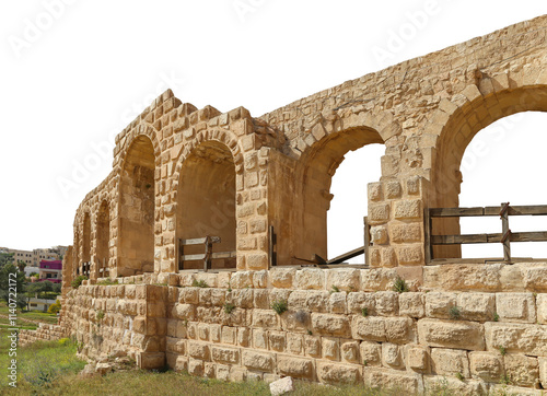 Roman ruins (carved on white background) in the Jordanian city of Jerash (Gerasa of Antiquity), capital and largest city of Jerash Governorate, Jordan