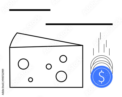 Cheese slice with holes beside falling coins with dollar symbol. Ideal for food industry, investments, business finance, agriculture, dairy products, profitability, and cost analysis themes. Line