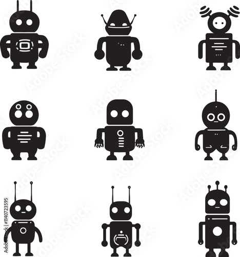 Clean graphic icons of nano bots in black silhouettes with an elegant, friendly design
