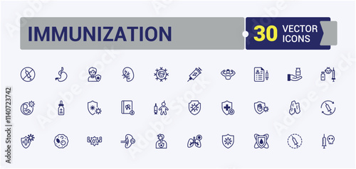 Immunization linear icon collection. Contains related to care, disease, protection, injection, treatment, immune, medical and more. Flat UI icon design. Editable vector outline and solid icons.