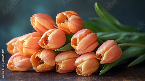 A bouquet of soft orange tulips arranged elegantly on a wooden surface.