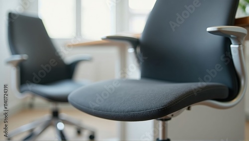 A close-up of an ergonomic office chair in a modern workspace with large windows, natural light, and a potted plant in the background, evoking comfort and productivity. Generative, AI,