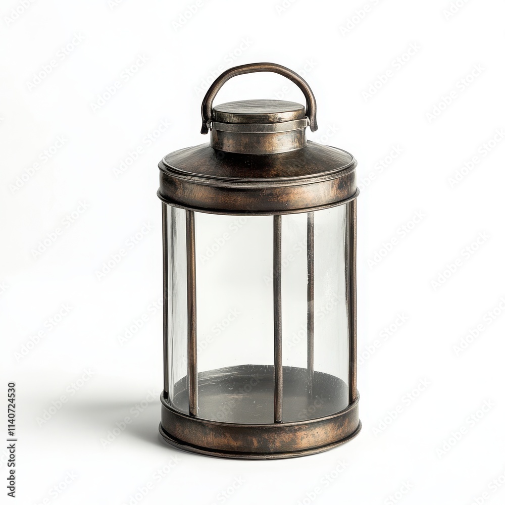 A classic metal lantern with a glass enclosure and a small handle on a white background A classic metal lantern with a glass enclosure and a small handle on a white background