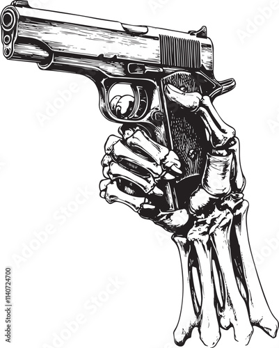 a skeleton hand holding a gun. Sketch tattoo noir et blanc 