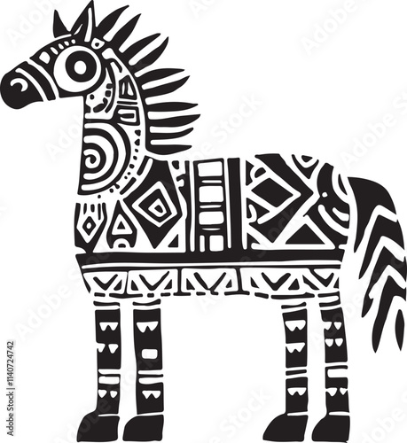 Horse inspired by traditional Mexican tribal graphics, black and white, bold contrasts