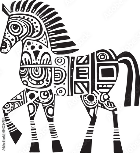 Horse inspired by traditional Mexican tribal graphics, black and white, bold contrasts