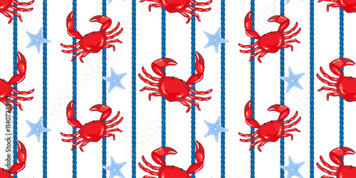 Coastal, sea life pattern cute red crabs, blue starfish with nautical, sailor style rope on white background