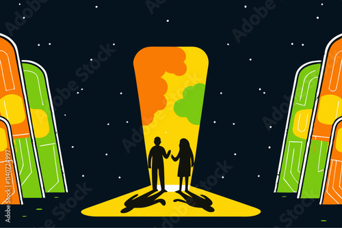 Couple Witnessing Dazzling Northern Lights Amidst Snowflakes