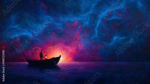 Solitary figure in a small boat on a cosmic sea under a vibrant nebula.