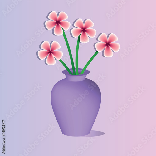 Cute flowers in 3D purple vase isolated on gradient background ,EPS 10 vector illustration design .