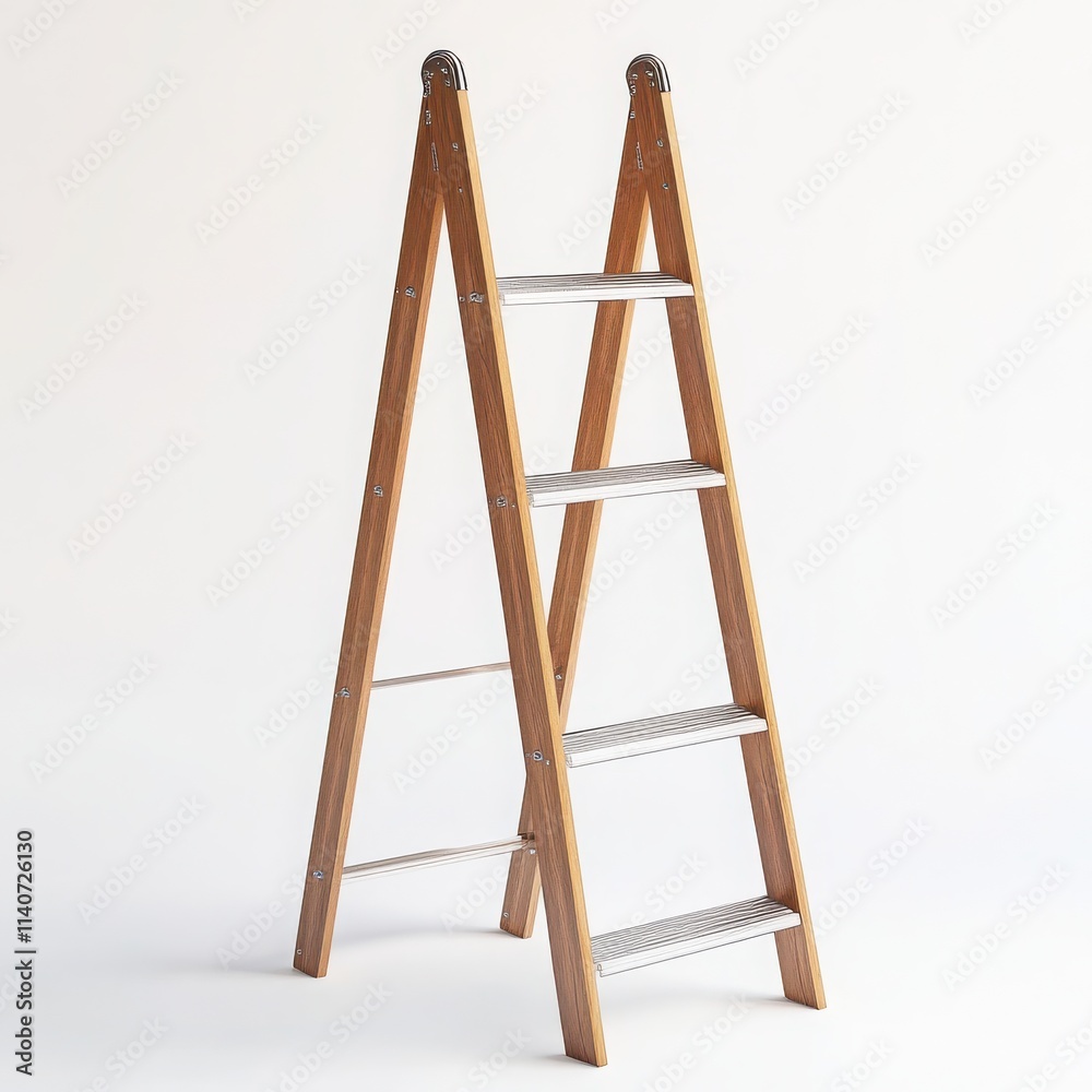 A compact foldable ladder with a minimal design and smooth, polished surface on a white background A compact foldable ladder with a minimal design and smooth, polished surface on a white background