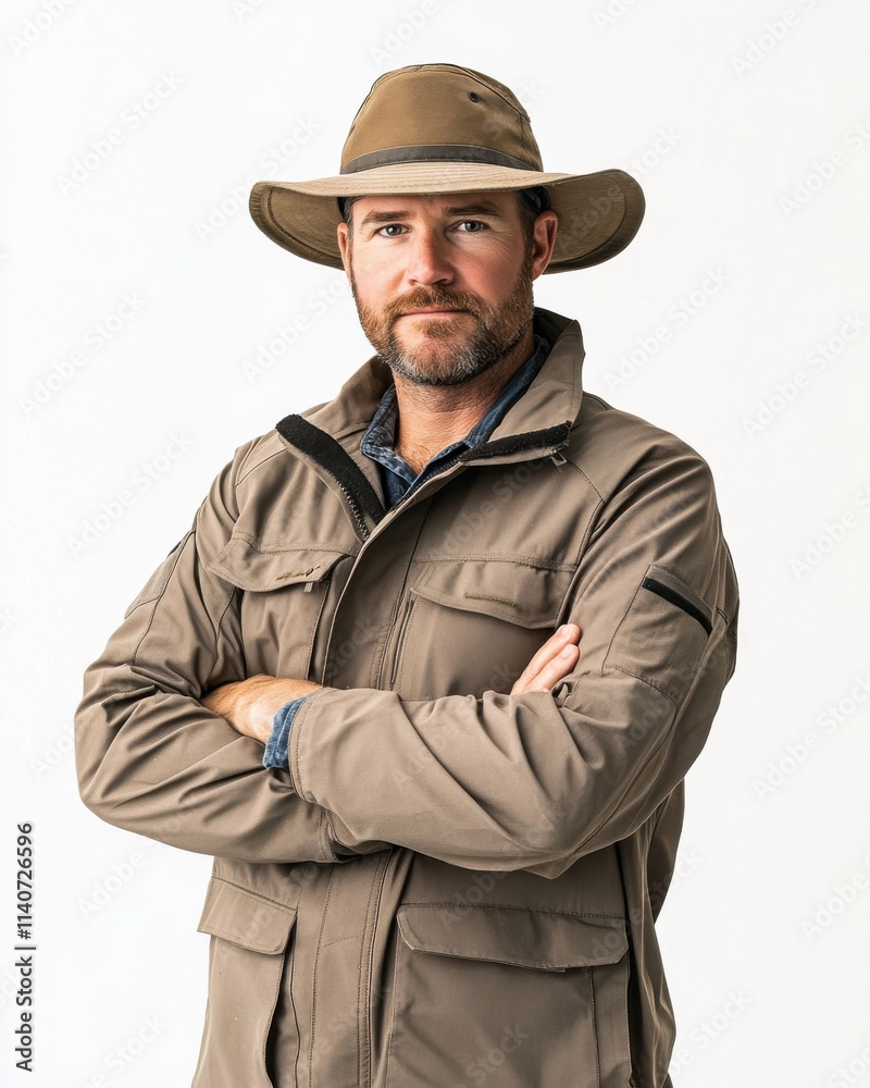 Wildlife biologist stands confidently in outdoor gear ready for research in a natural setting Wildlife biologist stands confidently in outdoor gear ready for research in a natural setting