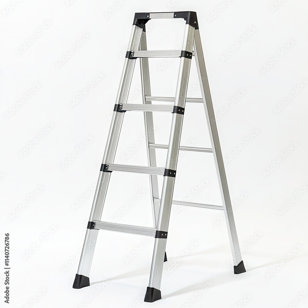 A modern aluminum ladder with a sleek, lightweight design and rubber feet on a white background A modern aluminum ladder with a sleek, lightweight design and rubber feet on a white background