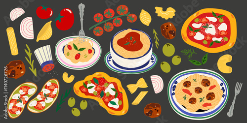 Traditional Italian cuisine. Vector retro stickers of traditional products, pizza, pasta, caprese, olive oil, tomatoes, mozzarella, parmesan cheese