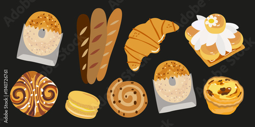 Bakery food set. French pastries for bakery menu design. Cute bread icons. Retro stickers for bakery and coffee shops. French baguette, croissant, bagel, sandwich, macarons 