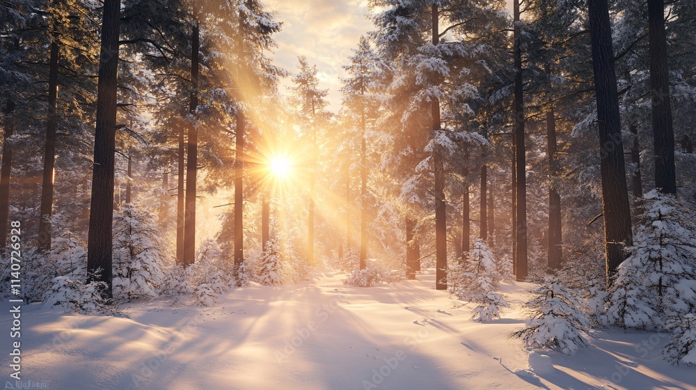 A serene winter forest bathed in golden sunlight, with snow-covered trees and a tranquil atmosphere. A serene winter forest bathed in golden sunlight, with snow-covered trees and a tranquil atmosphere.