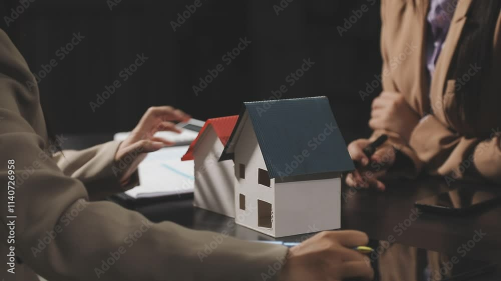House model with agent and customer discussing calculate for price contract to buy, get insurance or loan real estate or property.
