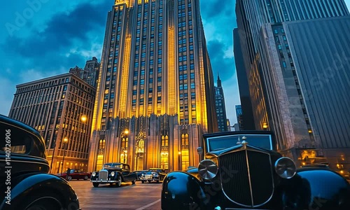 Classic Cars Parked on City Street at Dusk, Illuminated Skyscrapers