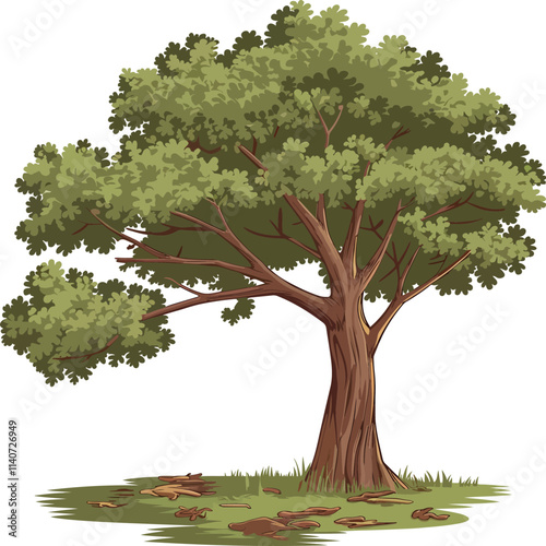 Vector Illustration of a Beautiful Tree with Thick Brown Trunk, Branches, and Green Grass photo