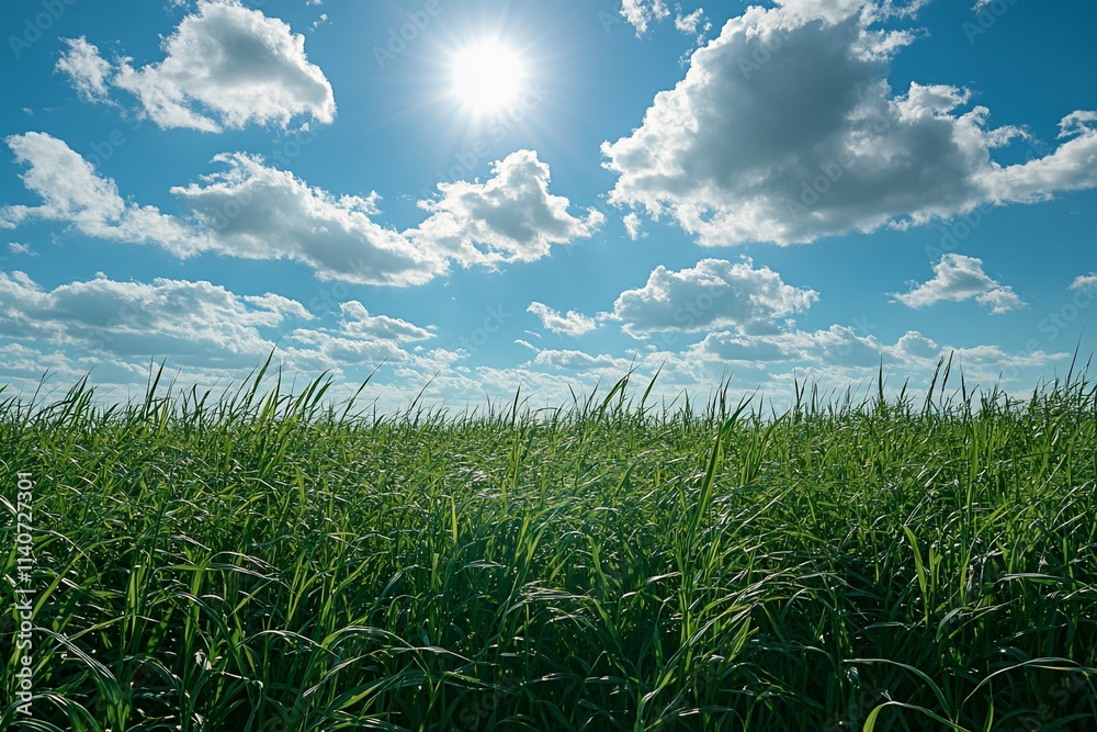 Sunny day, vibrant green grass field under a bright blue sky with fluffy white clouds. Sunny day, vibrant green grass field under a bright blue sky with fluffy white clouds.