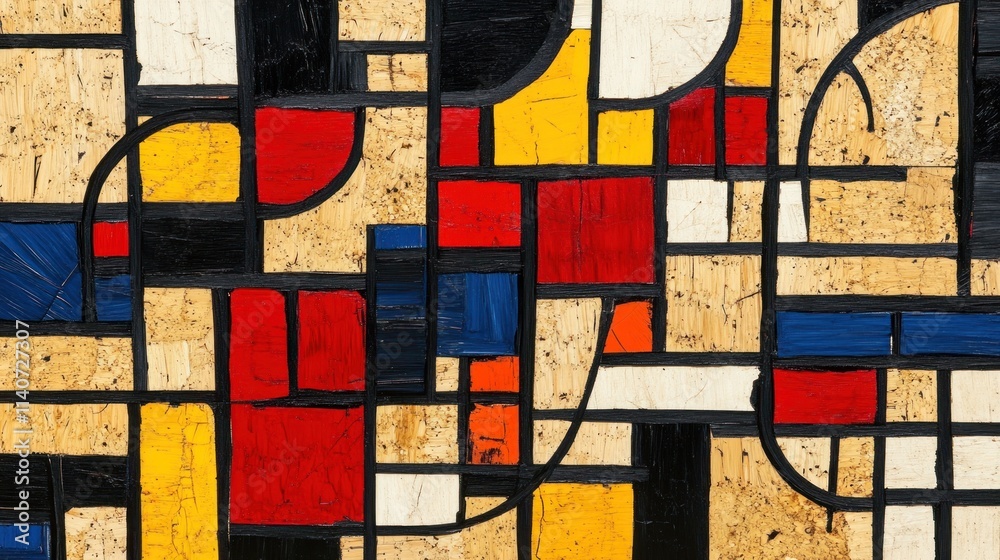 Abstract geometric painting with red, yellow, blue, and black shapes on a cork background. Abstract geometric painting with red, yellow, blue, and black shapes on a cork background.