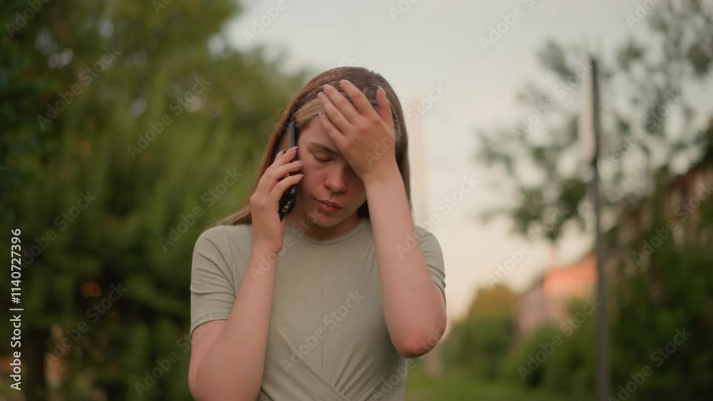 Young woman appears exhausted during phone call, holding her left hand to her forehead in frustration, with a blurred green outdoor and building in background Young woman appears exhausted during phone call, holding her left hand to her forehead in frustration, with a blurred green outdoor and building in background