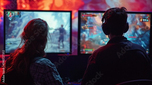 Wallpaper Mural Two gamers, a male and a female, deeply focused while playing video games in a vibrant, illuminated setting. Torontodigital.ca