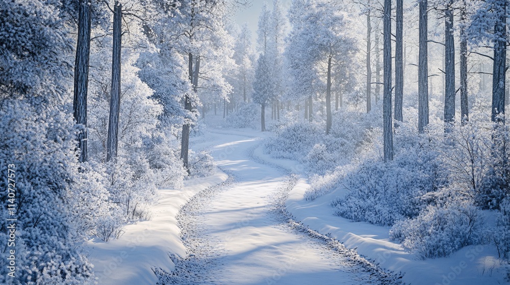 A serene winter pathway surrounded by frosted trees in a tranquil forest, evoking a sense of peace and beauty. A serene winter pathway surrounded by frosted trees in a tranquil forest, evoking a sense of peace and beauty.