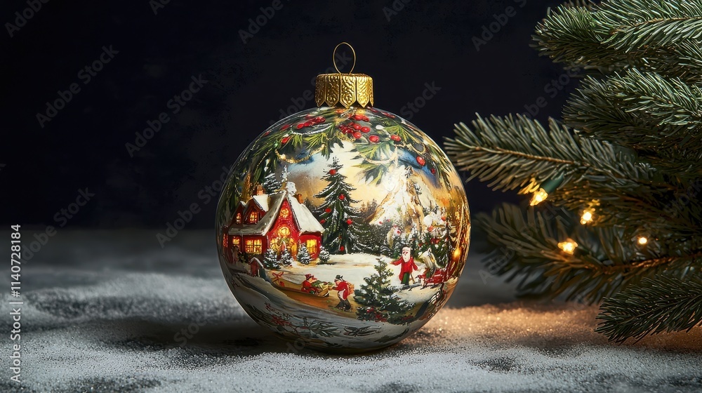 Christmas bauble with reflections of glowing lights and festive holiday scenes Christmas bauble with reflections of glowing lights and festive holiday scenes