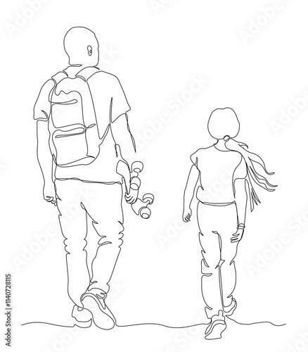 Man with backpack and girl walking away. Father holding skateboard. Continuous line drawing. Black and white vector in line art style.