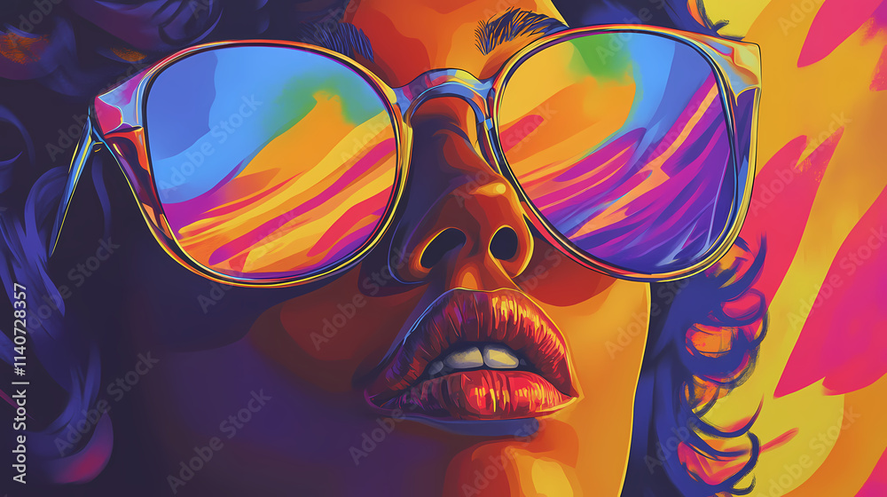 Close-up of a woman wearing reflective sunglasses against a vibrant, artistic background showcasing colorful and abstract reflections. Reflective. Illustration Close-up of a woman wearing reflective sunglasses against a vibrant, artistic background showcasing colorful and abstract reflections. Reflective. Illustration