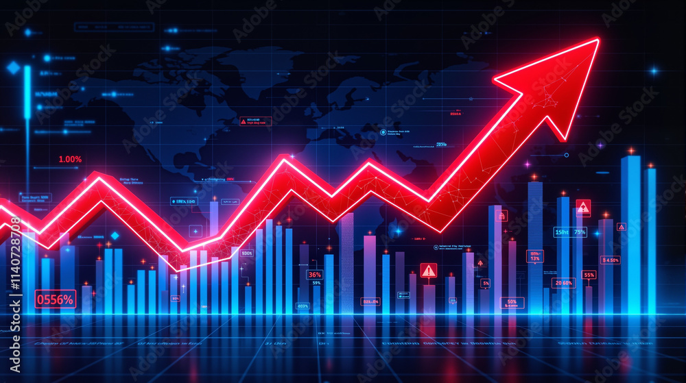 Financial Growth and Success: Rising Red Arrow with Dynamic Bar Graphs Highlighting Positive Market Trends and Economic Progress Financial Growth and Success: Rising Red Arrow with Dynamic Bar Graphs Highlighting Positive Market Trends and Economic Progress