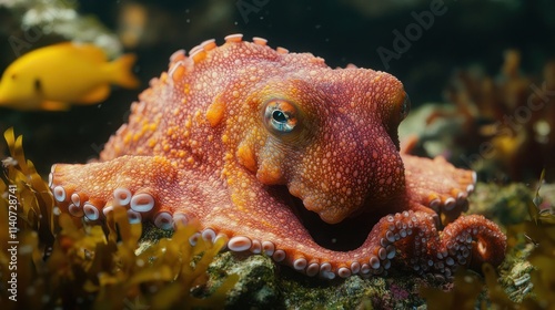 Close-up of a vibrant orange octopus resting on coral reef.