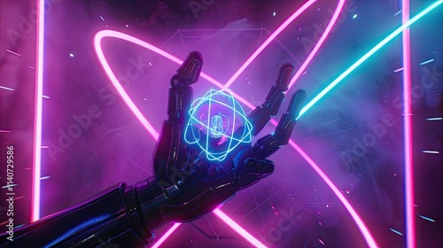 A robotic hand holding an atom, with blue and purple neon light emanating from it