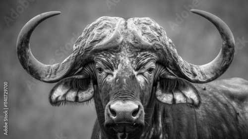 Buffalo Horns. Monochrome Portrait of a Majestic African Bovine Bull with Impressive Horns photo