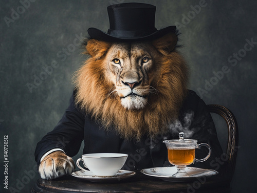 A LION IN A SUIT AND A HAT BY CANDLELIGHT WITH A CUP OF TEA