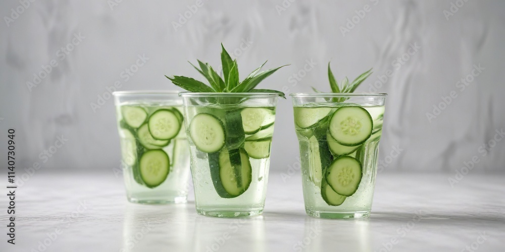 Aloe and cucumber infused water in a light green plastic cup on a white surface, infused water, natural drink Aloe and cucumber infused water in a light green plastic cup on a white surface, infused water, natural drink