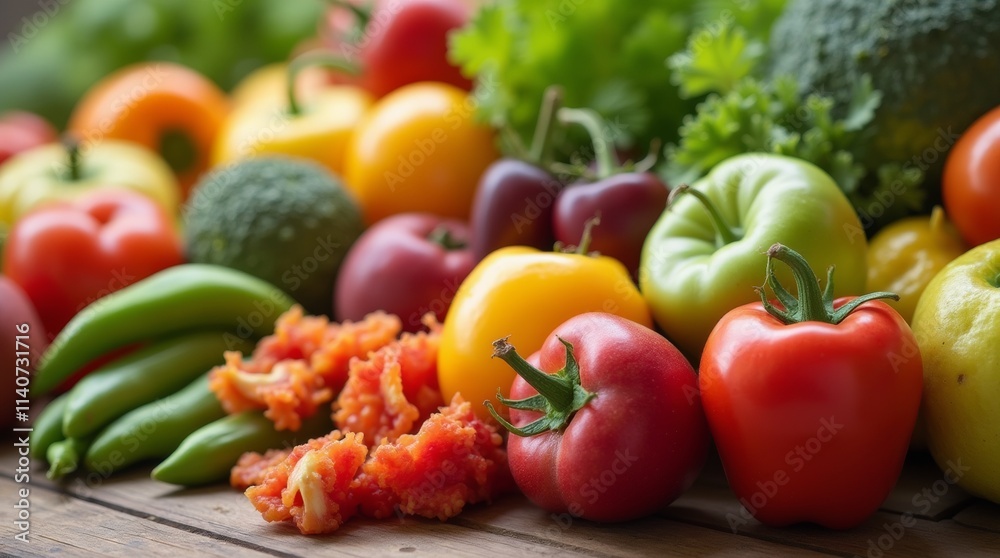 A close-up of a vibrant assortment of fresh fruits and vegetables arranged on a wooden table, showcasing their colors and textures, perfect for a healthy lifestyle theme. A close-up of a vibrant assortment of fresh fruits and vegetables arranged on a wooden table, showcasing their colors and textures, perfect for a healthy lifestyle theme.