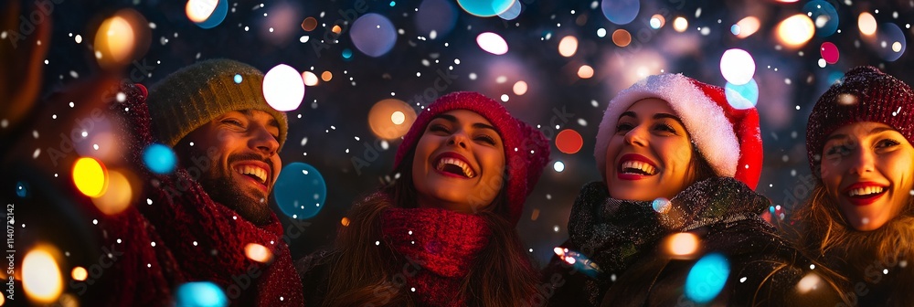Fototapeta premium A joyous group of friends laughs heartily amid lively holiday lights in a festive winter setting.