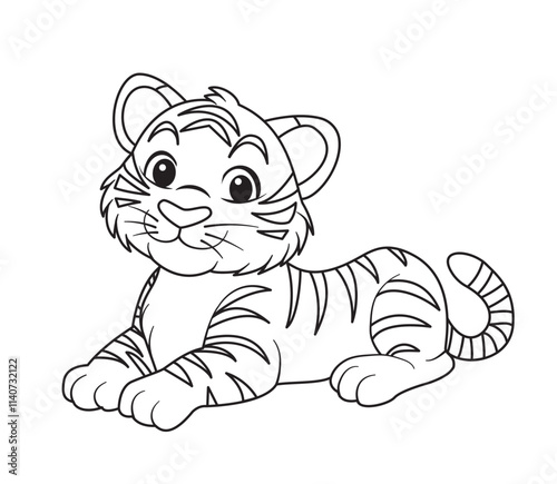 Coloring page for kids cute baby tiger cub. Vector illustration hand-drawn isolated on a white background.