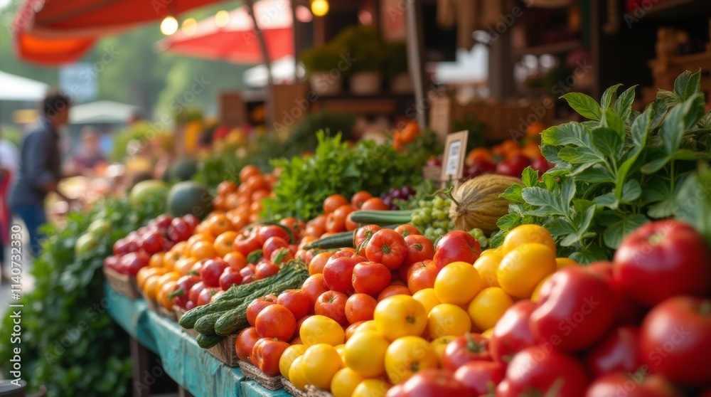 A photorealistic image of a farmer's market stall filled with a variety of fresh fruits and vegetables, highlighting the rich colors and textures of the produce in a lively outdoor setting. A photorealistic image of a farmer's market stall filled with a variety of fresh fruits and vegetables, highlighting the rich colors and textures of the produce in a lively outdoor setting.