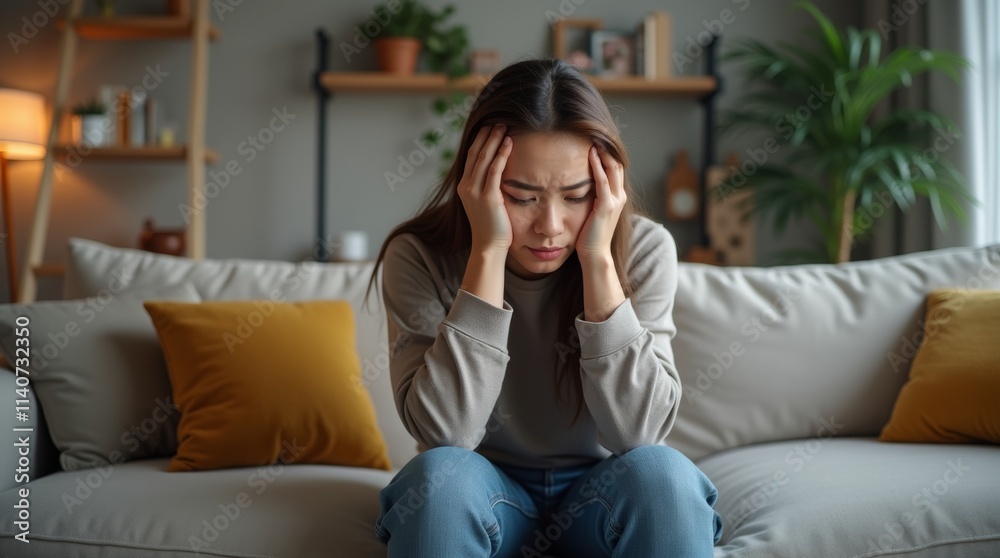 A photorealistic image of a person sitting on a couch with a hand on their forehead, looking distressed, surrounded by a cozy living room setting, illustrating the impact of headaches on daily life. A photorealistic image of a person sitting on a couch with a hand on their forehead, looking distressed, surrounded by a cozy living room setting, illustrating the impact of headaches on daily life.