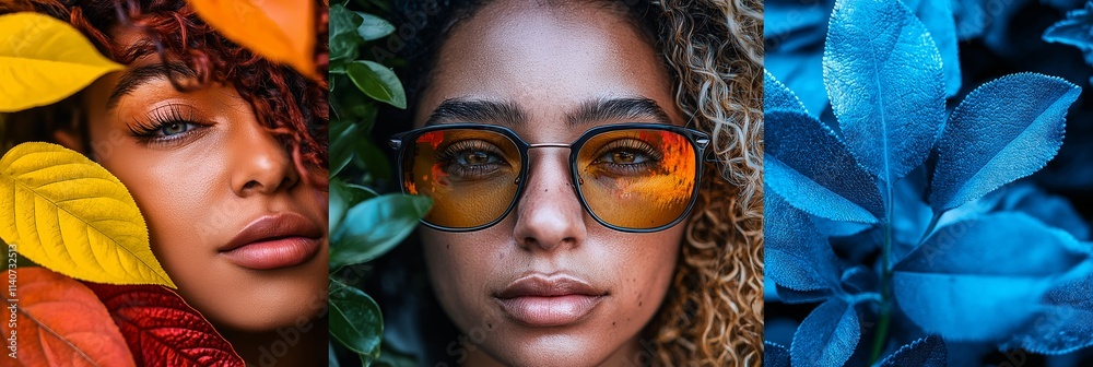 Obraz premium An artistic portrayal of three powerful close-ups blending human beauty with the essence of nature.